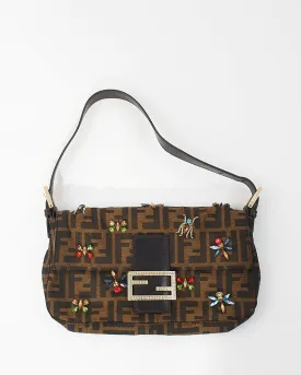 Fendi Tobacco Zucca Print Canvas Crystal Embellished Baguette Shoulder Bag