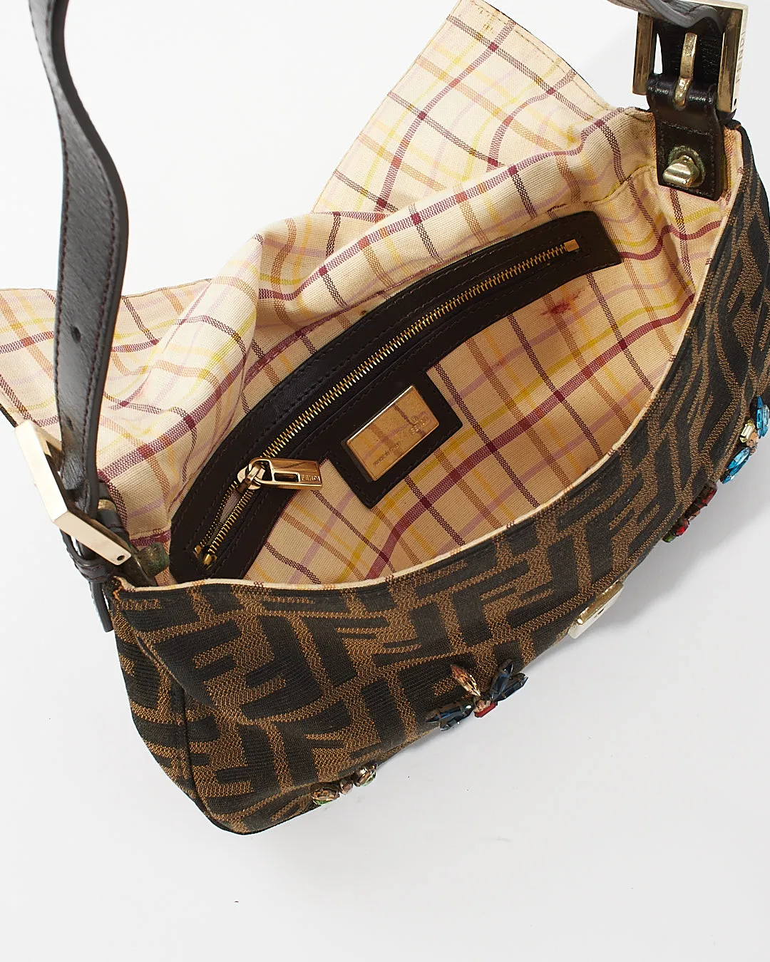 Fendi Tobacco Zucca Print Canvas Crystal Embellished Baguette Shoulder Bag