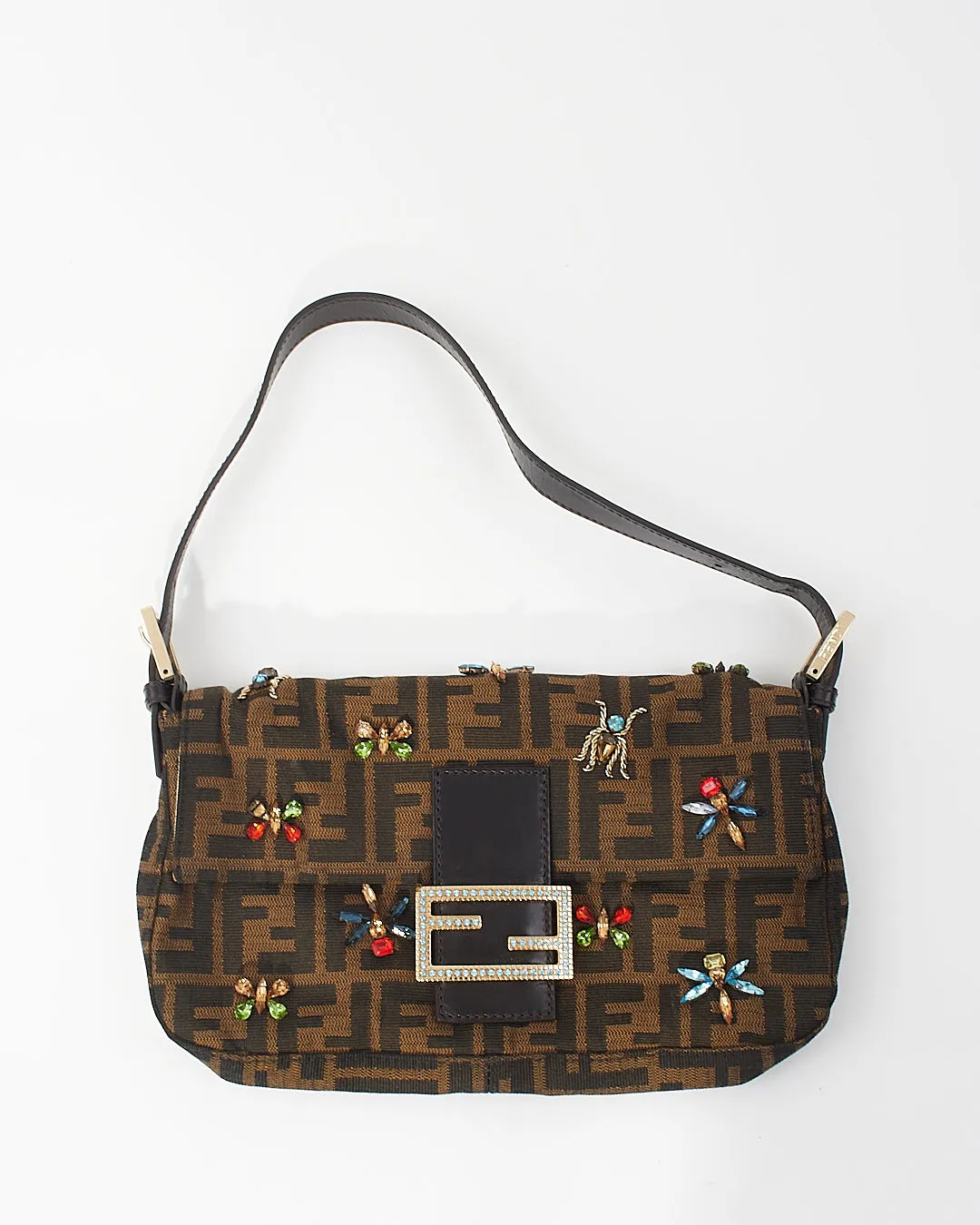 Fendi Tobacco Zucca Print Canvas Crystal Embellished Baguette Shoulder Bag