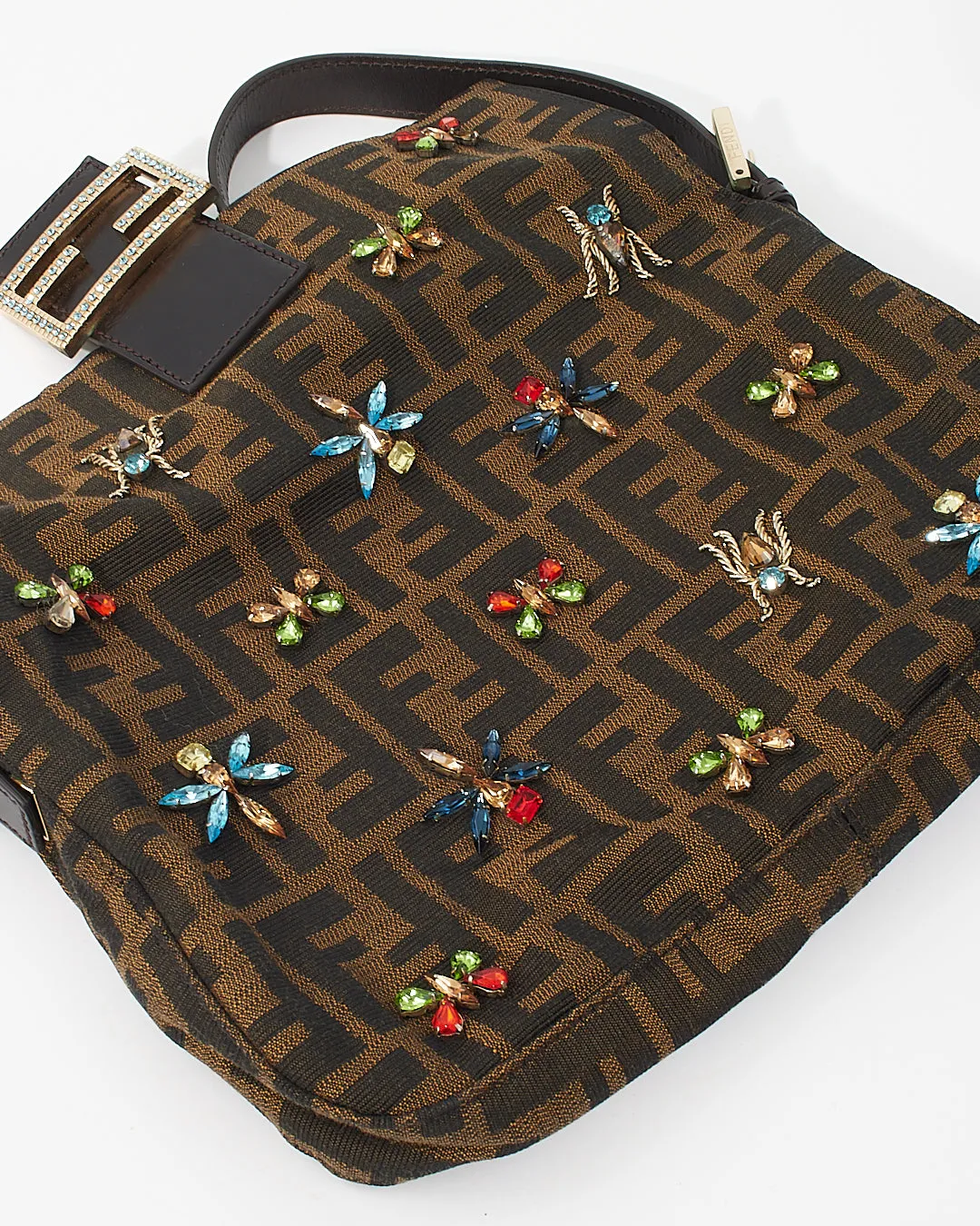 Fendi Tobacco Zucca Print Canvas Crystal Embellished Baguette Shoulder Bag