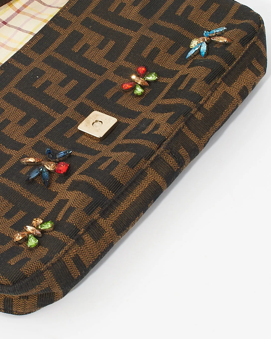 Fendi Tobacco Zucca Print Canvas Crystal Embellished Baguette Shoulder Bag