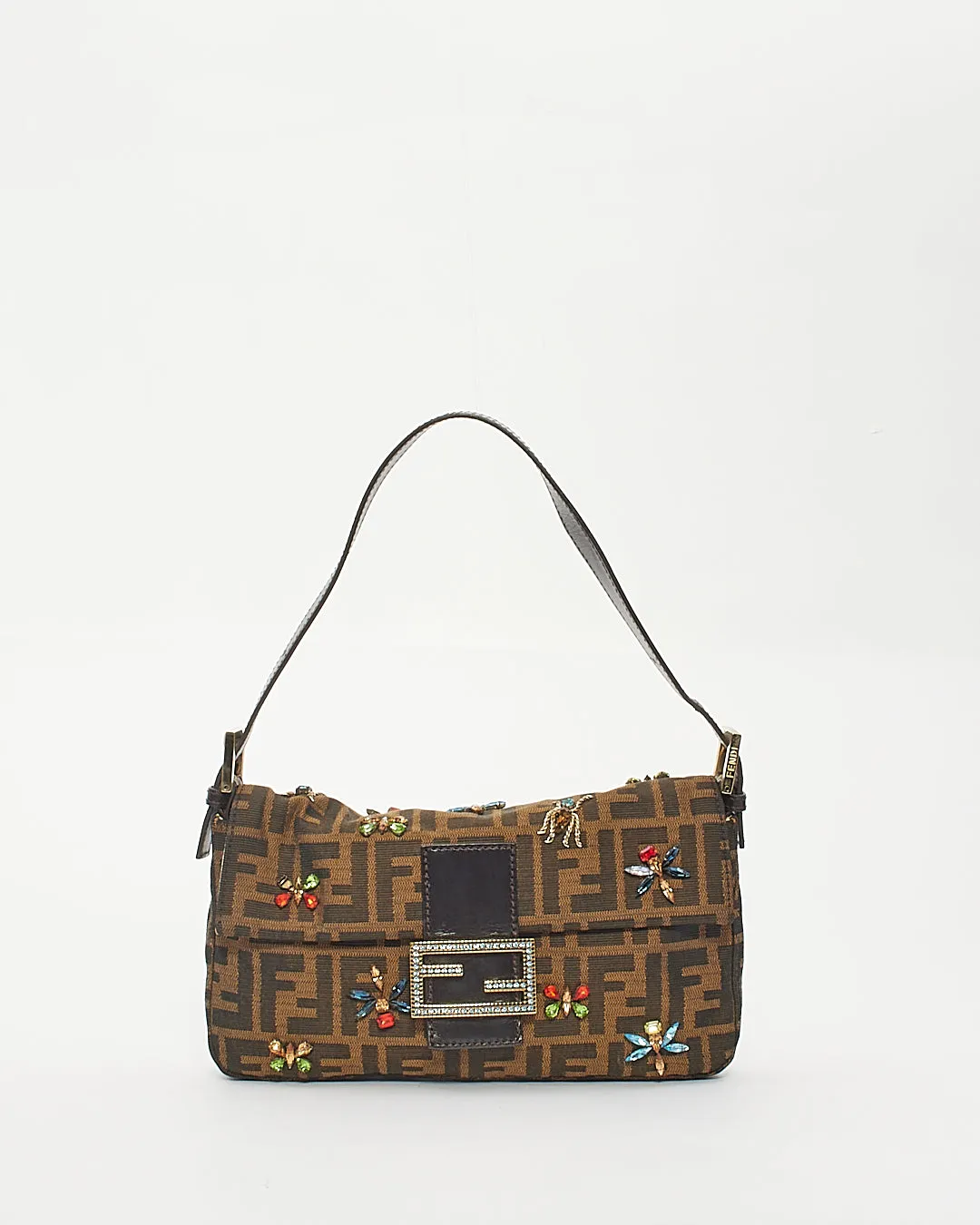Fendi Tobacco Zucca Print Canvas Crystal Embellished Baguette Shoulder Bag