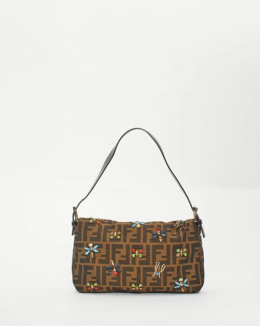 Fendi Tobacco Zucca Print Canvas Crystal Embellished Baguette Shoulder Bag