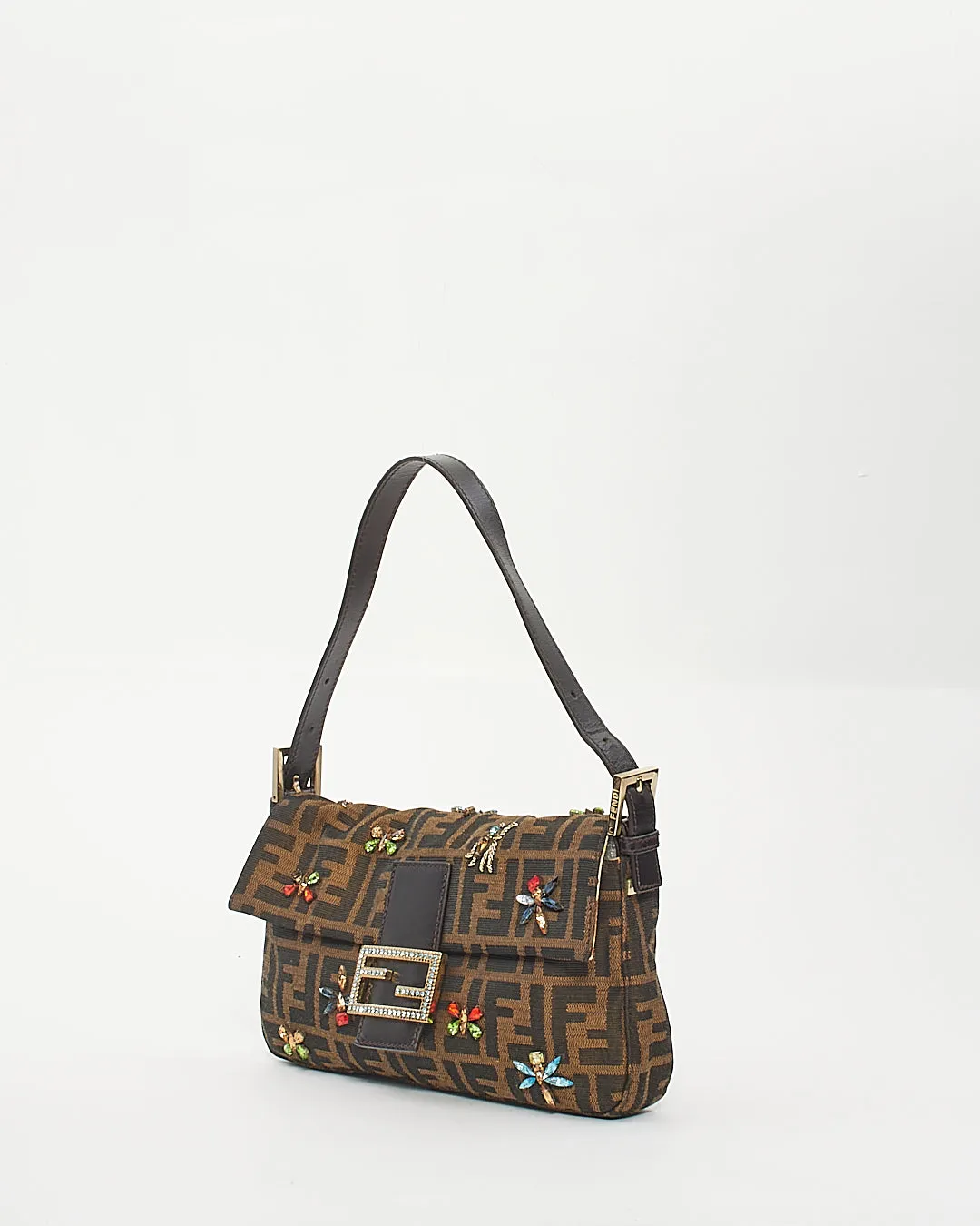 Fendi Tobacco Zucca Print Canvas Crystal Embellished Baguette Shoulder Bag