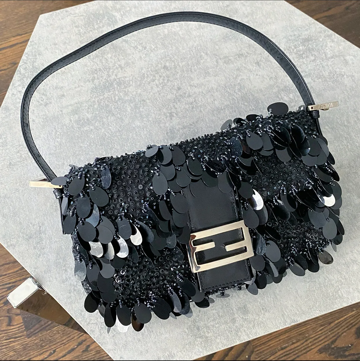 Fendi Vintage Black Bead Paillette Baguette Bag