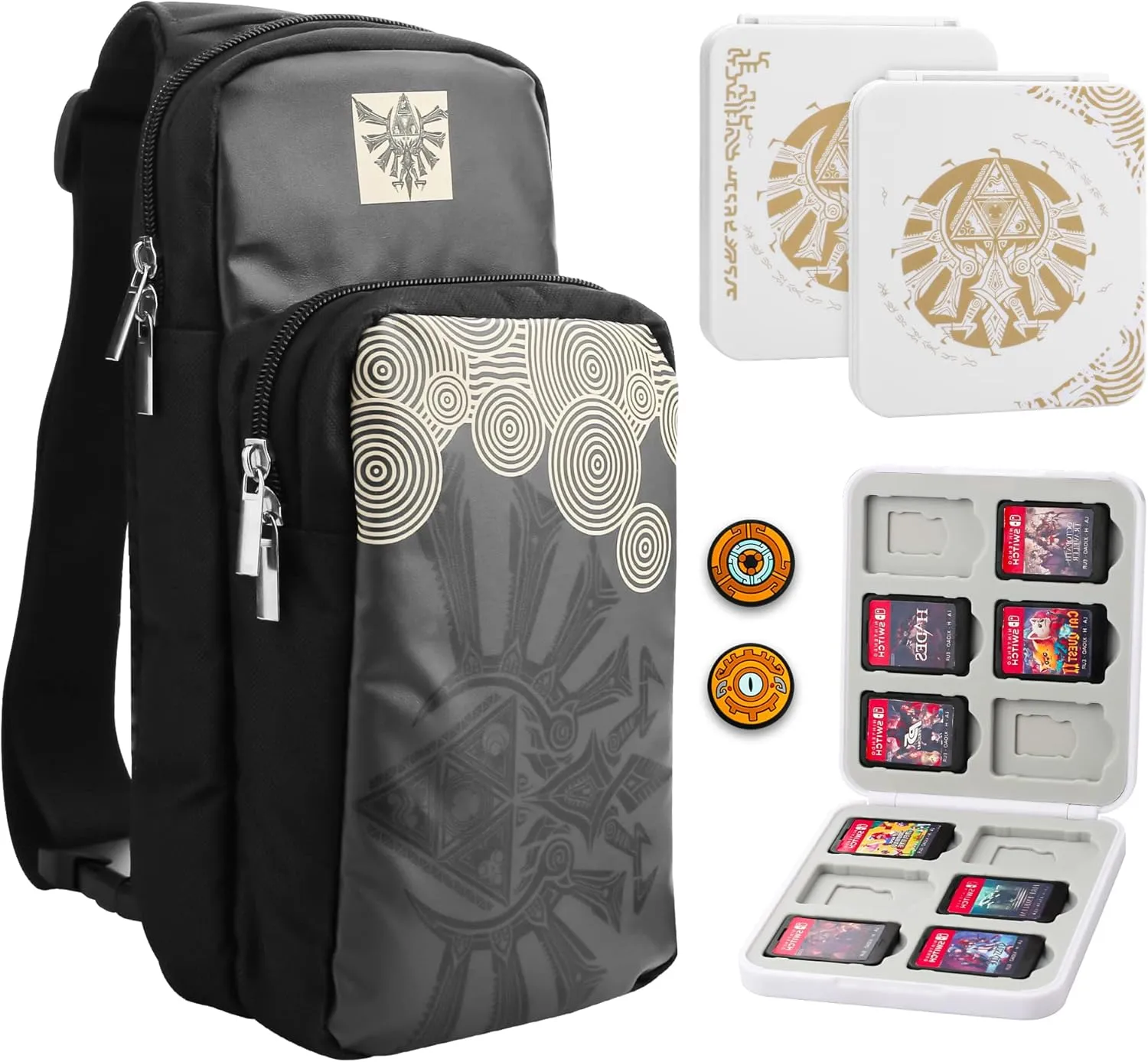 FUNDIARY Carrying Travel Bag for Nintendo Switch/Lite/OLED with Zelda Tears of the Kingdom Design, Portable Accessories Kit with Sling Crossbody Shoulder Bag, 12 Card Slots Game Case and 2 Thumb Caps