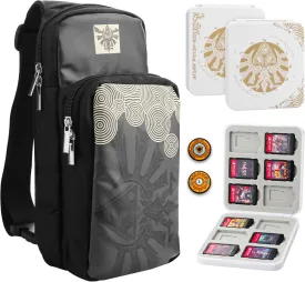 FUNDIARY Carrying Travel Bag for Nintendo Switch/Lite/OLED with Zelda Tears of the Kingdom Design, Portable Accessories Kit with Sling Crossbody Shoulder Bag, 12 Card Slots Game Case and 2 Thumb Caps