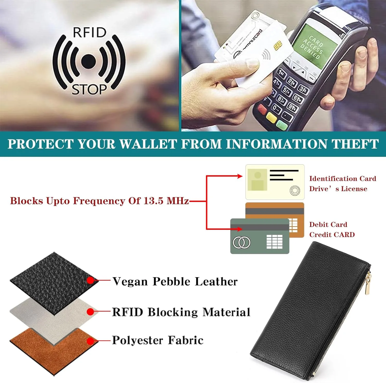 GOIACII Slim Wallet for Women Rfid Blocking Credit Card Holder with Zip Pocket Bifold Leather Black