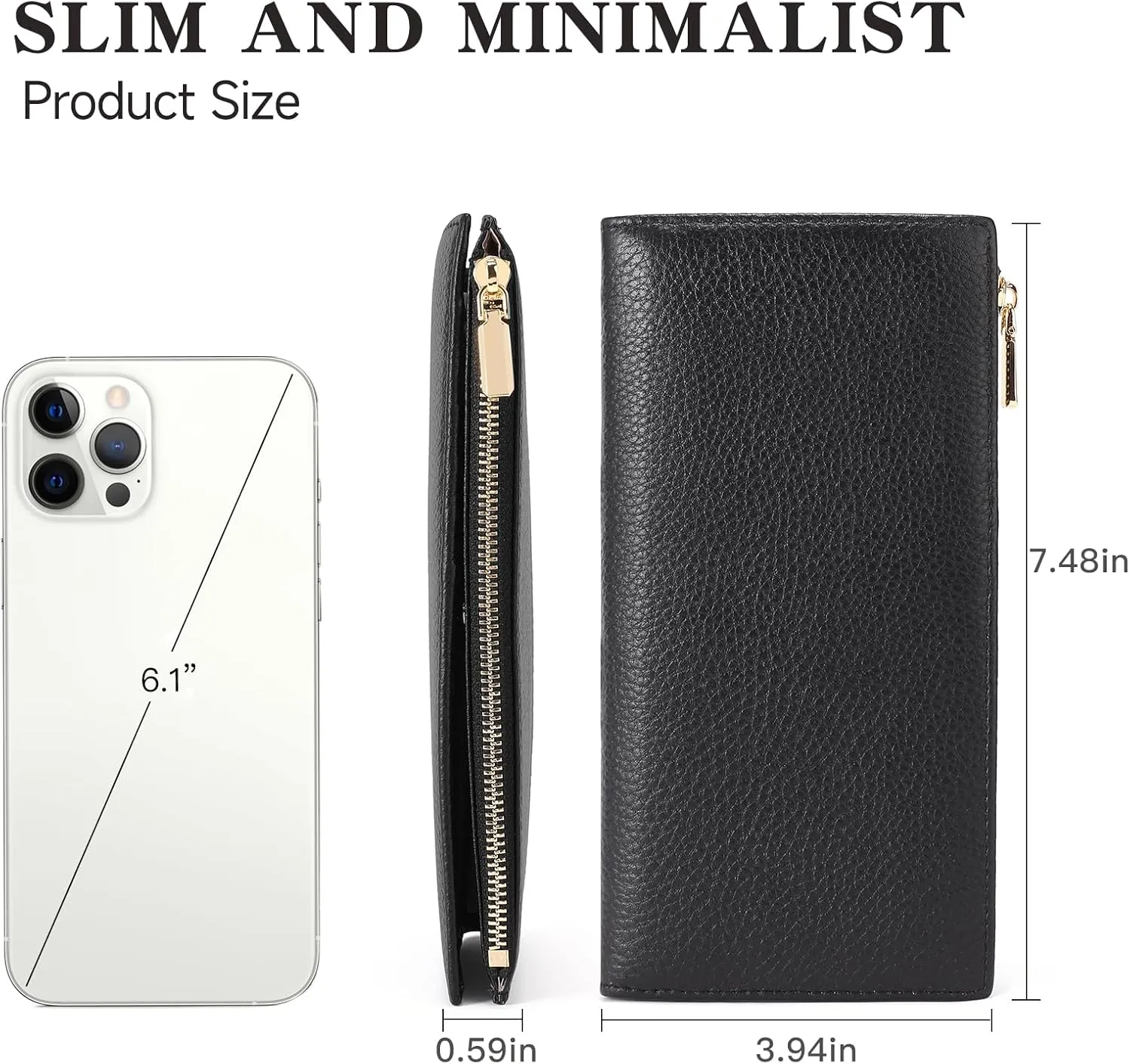 GOIACII Slim Wallet for Women Rfid Blocking Credit Card Holder with Zip Pocket Bifold Leather Black