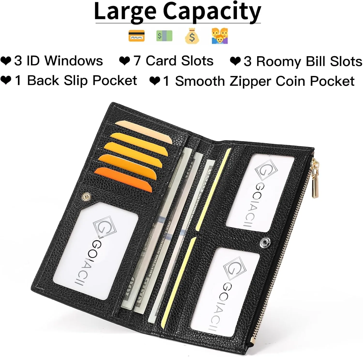 GOIACII Slim Wallet for Women Rfid Blocking Credit Card Holder with Zip Pocket Bifold Leather Black