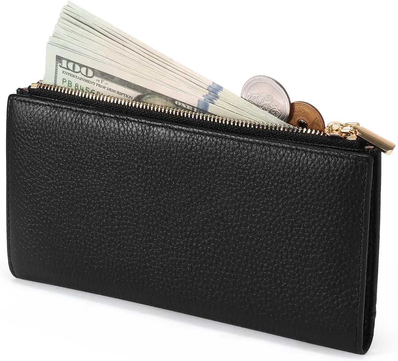 GOIACII Slim Wallet for Women Rfid Blocking Credit Card Holder with Zip Pocket Bifold Leather Black