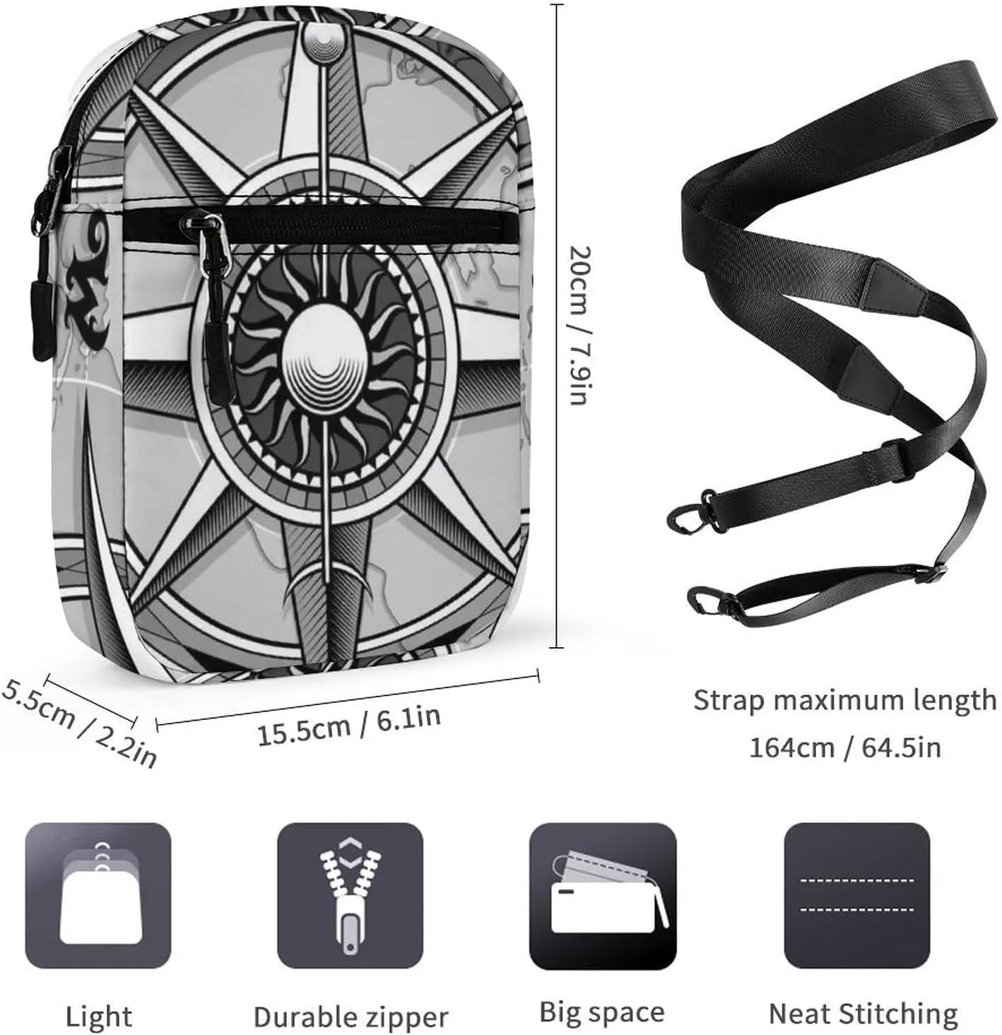 Grasses Classic Vintage Wind Compass Rose on Map Background Adjustable Fanny Waist Pack Pouch, Waterproof Crossbody Runners Bag Wallet for Gym Hiking Fitness Women Men 6.1 x 2.2 x 7.9 inch