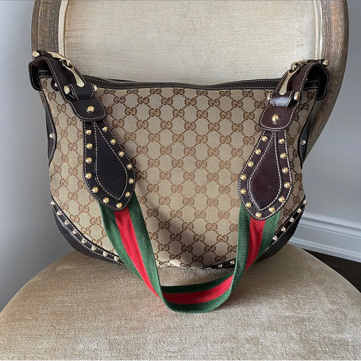 Gucci Brown Monogram Canvas Pelham Messenger Stud Web Bag