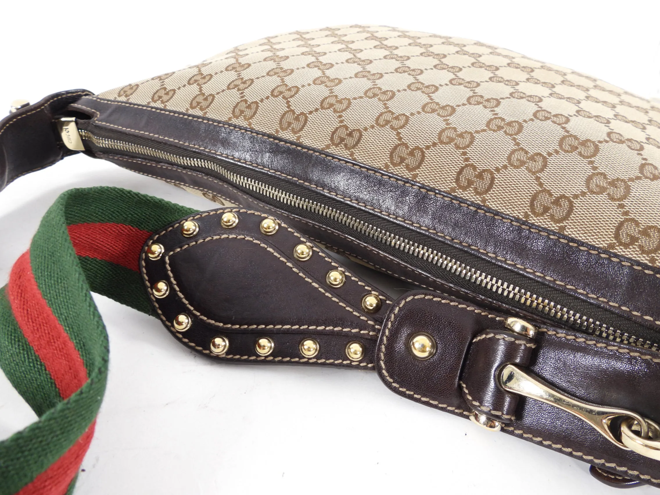 Gucci Brown Monogram Canvas Pelham Messenger Stud Web Bag