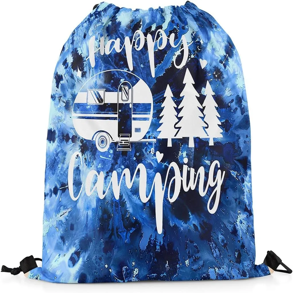 Homewish Happy Camping Drawstring Bag 13"x16" Watercolor Blue Tie Dye Spiral Swirls Drawstring Backpack for Gym Travelling RV Trailer Pine Trees Silhouette Water Resistant String Bag Sports Sackpack