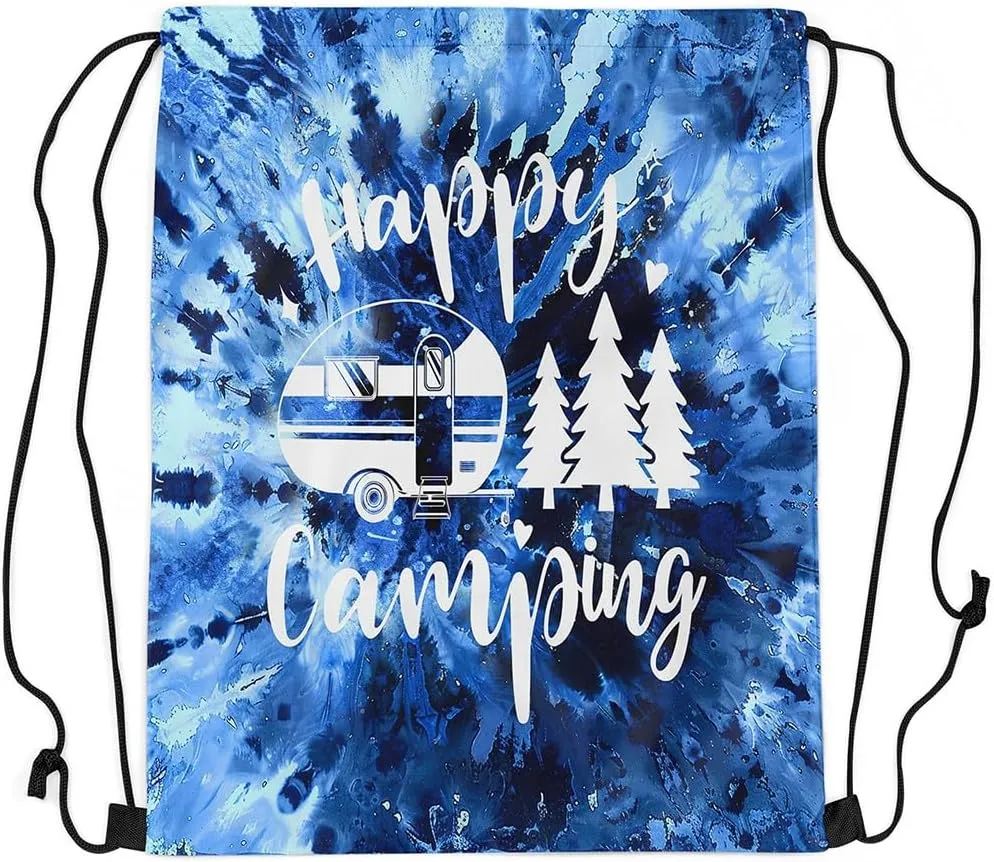 Homewish Happy Camping Drawstring Bag 13"x16" Watercolor Blue Tie Dye Spiral Swirls Drawstring Backpack for Gym Travelling RV Trailer Pine Trees Silhouette Water Resistant String Bag Sports Sackpack