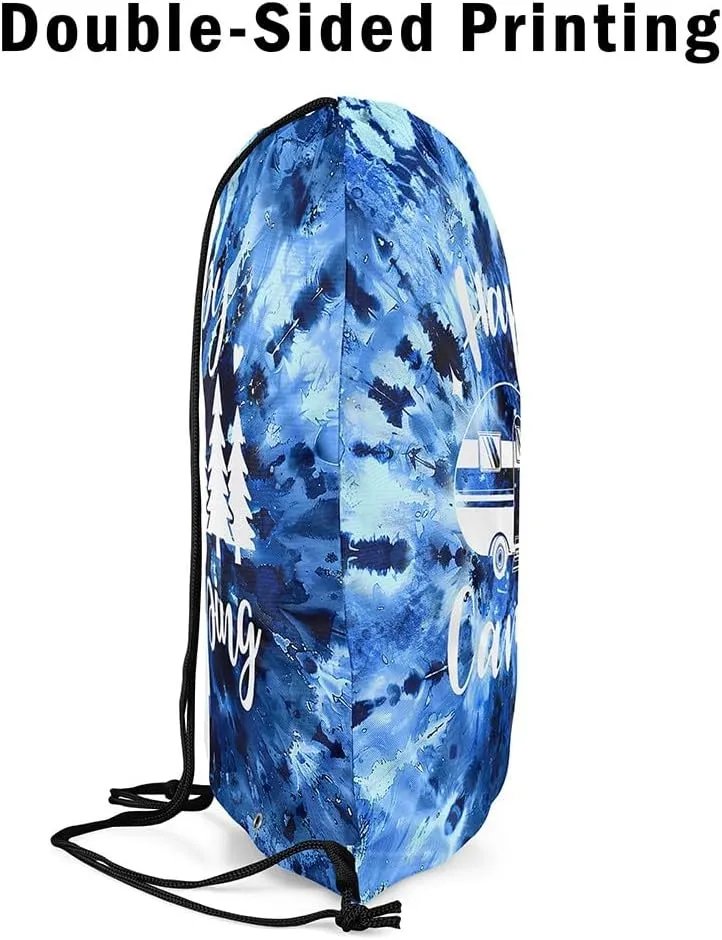 Homewish Happy Camping Drawstring Bag 13"x16" Watercolor Blue Tie Dye Spiral Swirls Drawstring Backpack for Gym Travelling RV Trailer Pine Trees Silhouette Water Resistant String Bag Sports Sackpack