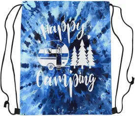 Homewish Happy Camping Drawstring Bag 13"x16" Watercolor Blue Tie Dye Spiral Swirls Drawstring Backpack for Gym Travelling RV Trailer Pine Trees Silhouette Water Resistant String Bag Sports Sackpack