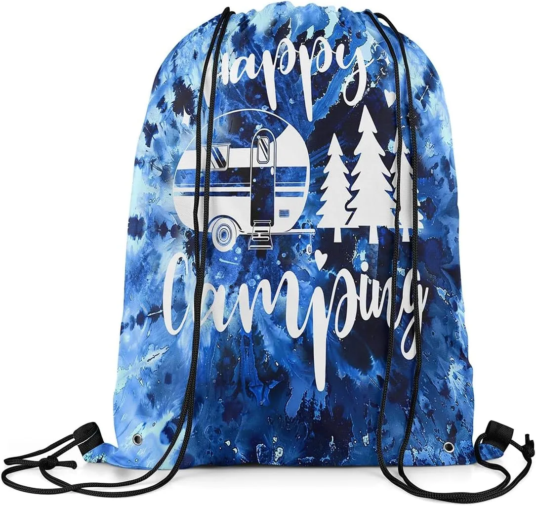 Homewish Happy Camping Drawstring Bag 13"x16" Watercolor Blue Tie Dye Spiral Swirls Drawstring Backpack for Gym Travelling RV Trailer Pine Trees Silhouette Water Resistant String Bag Sports Sackpack