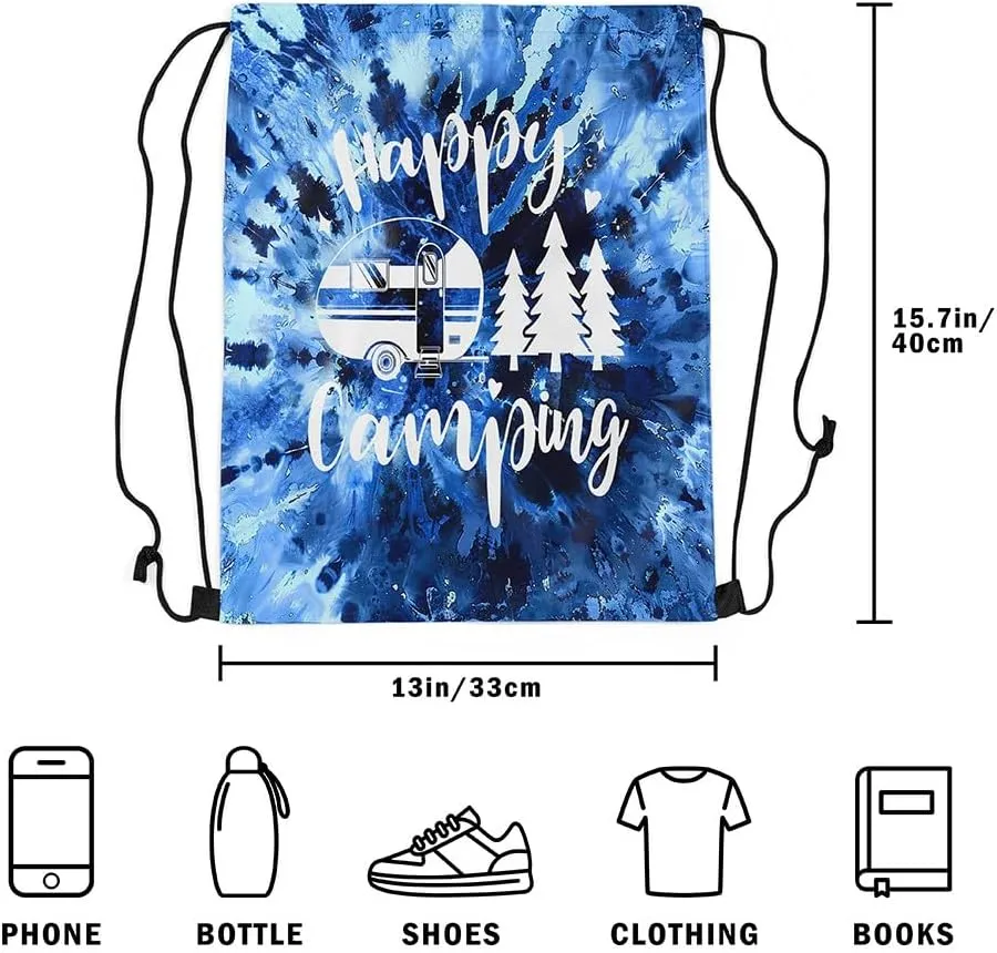 Homewish Happy Camping Drawstring Bag 13"x16" Watercolor Blue Tie Dye Spiral Swirls Drawstring Backpack for Gym Travelling RV Trailer Pine Trees Silhouette Water Resistant String Bag Sports Sackpack