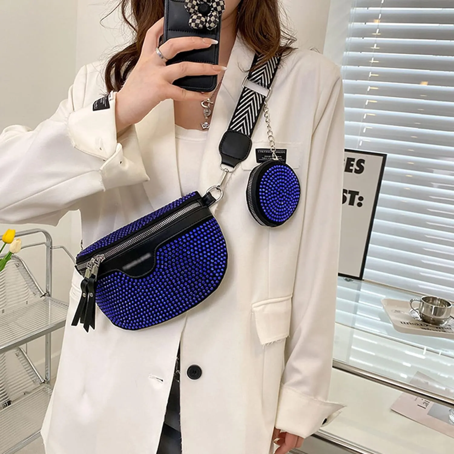 LABANCA Women Rivet Studded Zipper Pocket Shoulder Purse Faux Leather Waist Packs Rave Chest Bag Festival Fanny Bag Purse (07102 Blue)