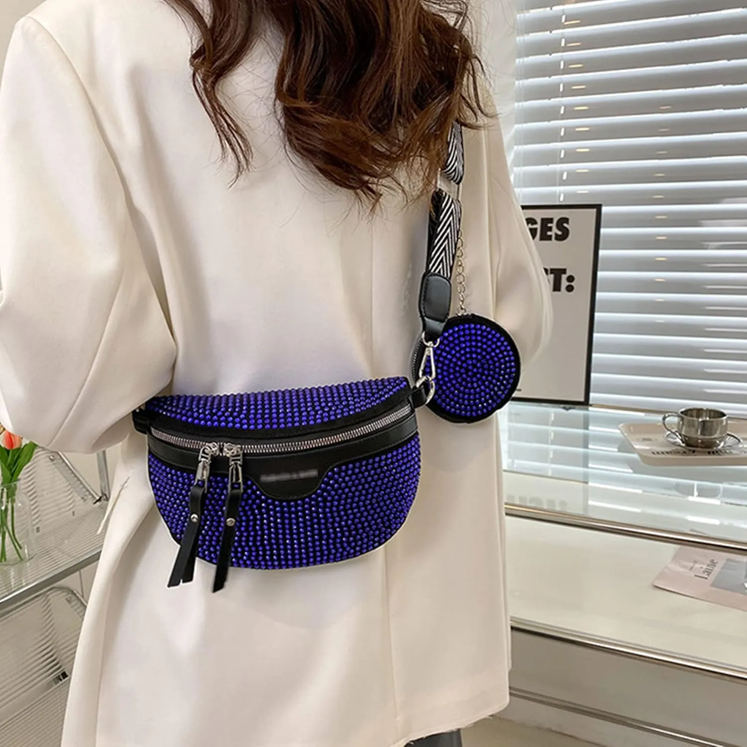 LABANCA Women Rivet Studded Zipper Pocket Shoulder Purse Faux Leather Waist Packs Rave Chest Bag Festival Fanny Bag Purse (07102 Blue)