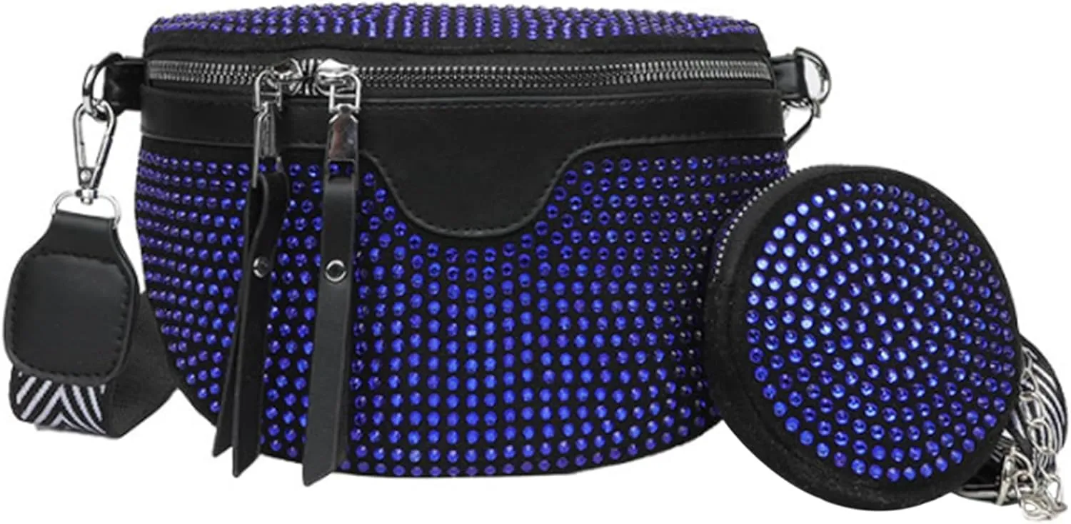 LABANCA Women Rivet Studded Zipper Pocket Shoulder Purse Faux Leather Waist Packs Rave Chest Bag Festival Fanny Bag Purse (07102 Blue)