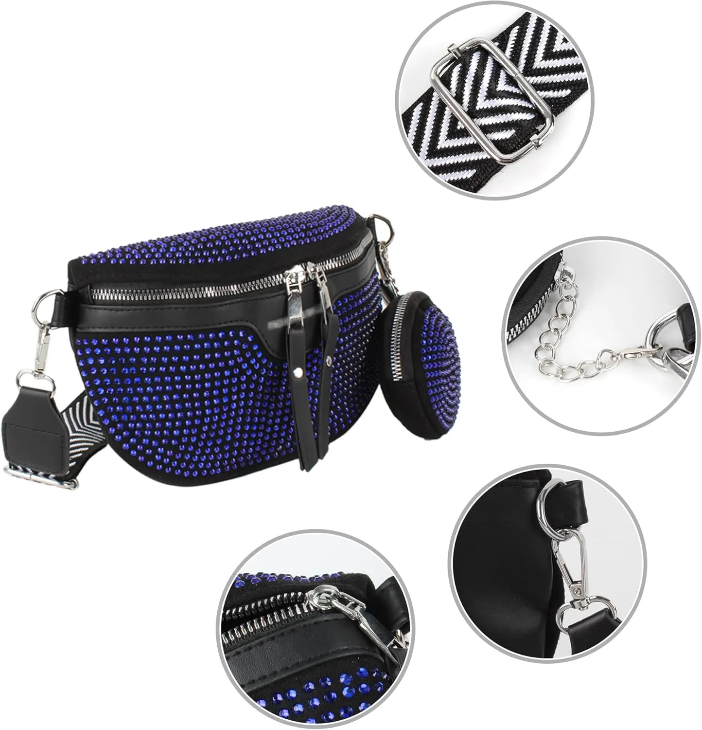 LABANCA Women Rivet Studded Zipper Pocket Shoulder Purse Faux Leather Waist Packs Rave Chest Bag Festival Fanny Bag Purse (07102 Blue)