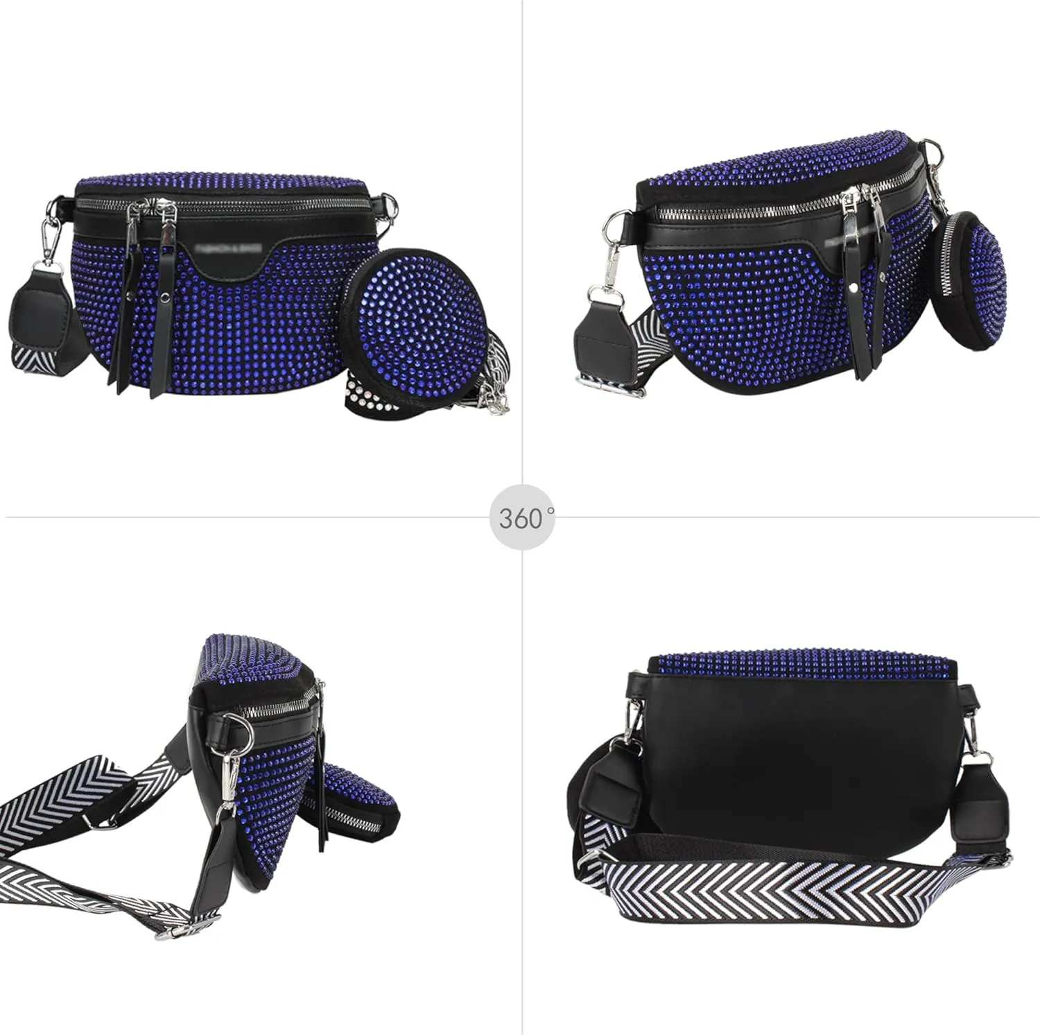 LABANCA Women Rivet Studded Zipper Pocket Shoulder Purse Faux Leather Waist Packs Rave Chest Bag Festival Fanny Bag Purse (07102 Blue)