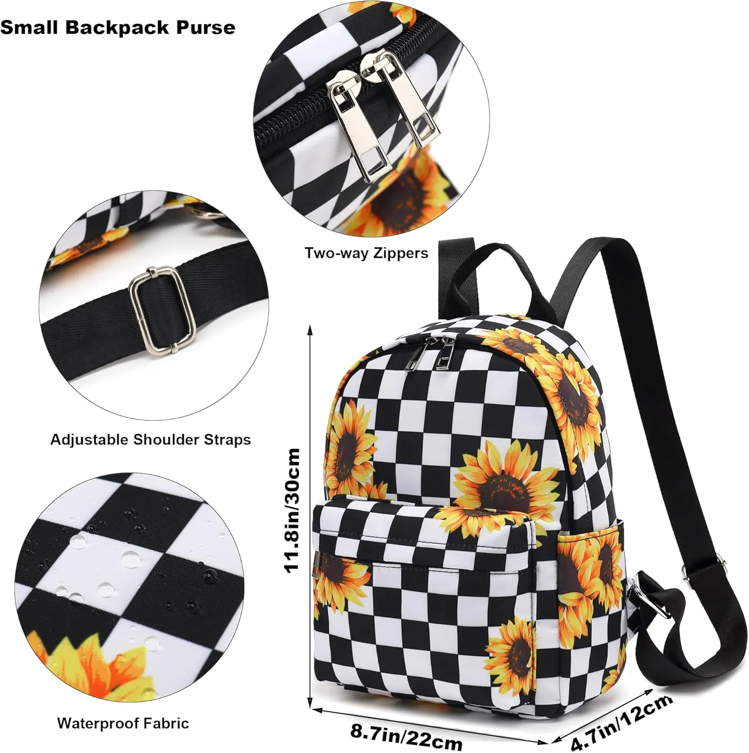 Mini Backpack for Women Girls, Small Backpack Purse for Teens Kids School Travel (Checkered Sunflower)