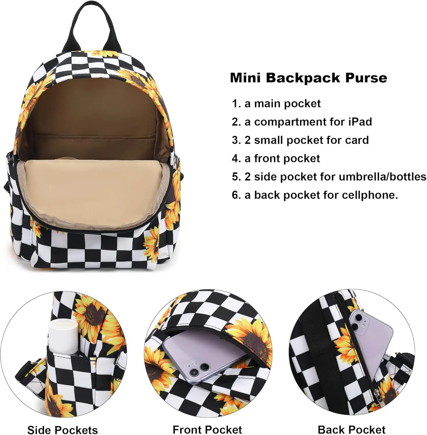 Mini Backpack for Women Girls, Small Backpack Purse for Teens Kids School Travel (Checkered Sunflower)