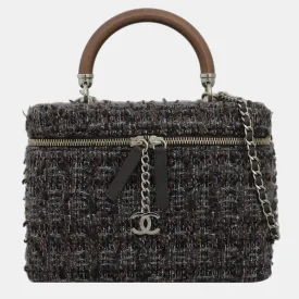 Multicolor/ Brown Tweed Vanity Case Wood Handle Bag