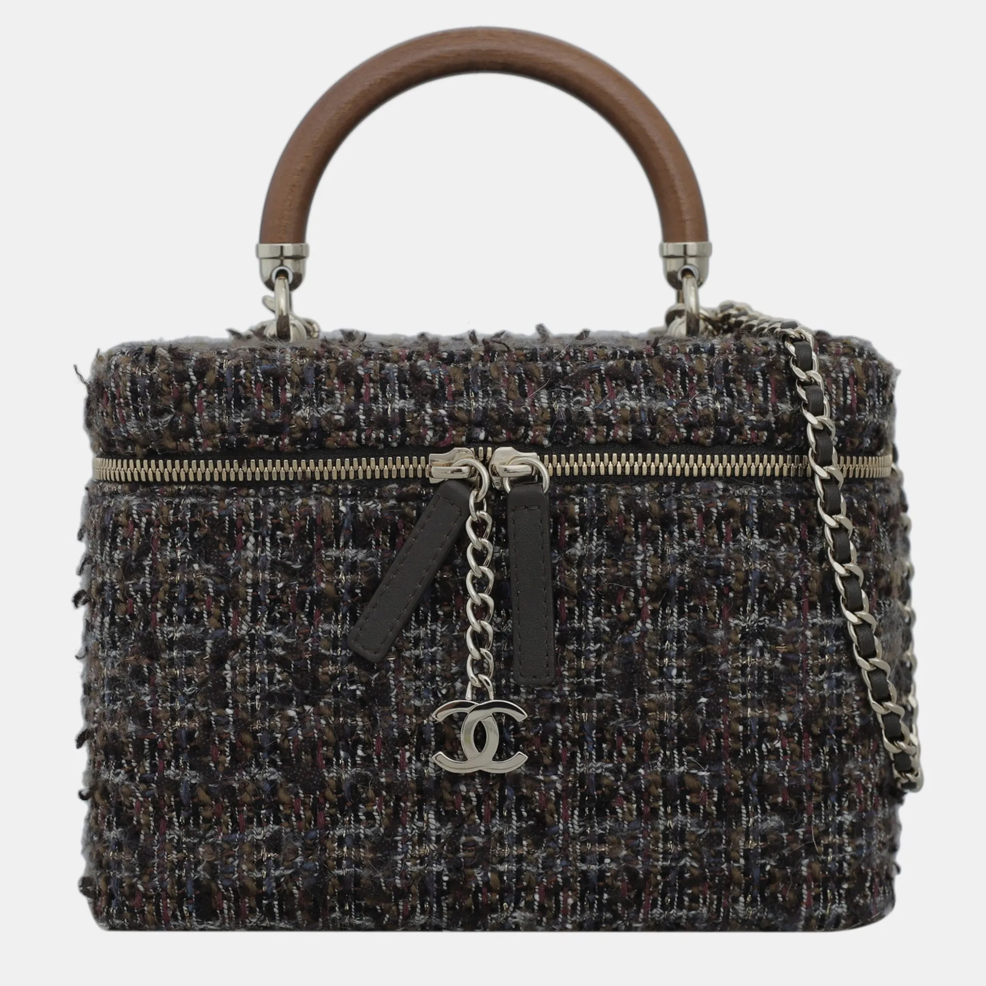 Multicolor/ Brown Tweed Vanity Case Wood Handle Bag
