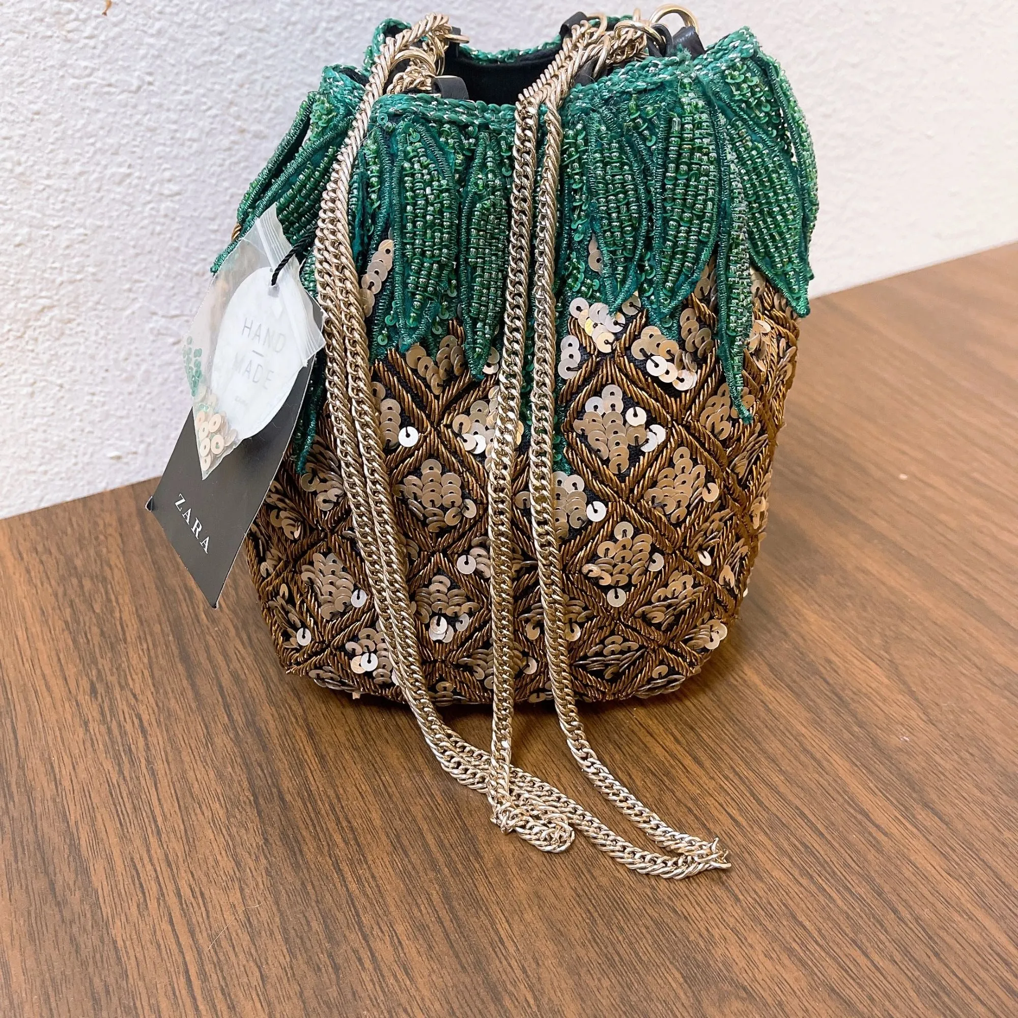 NWT Handmade Zara Pineapple-Themed Sequin Drawstring Shoulder Bag M
