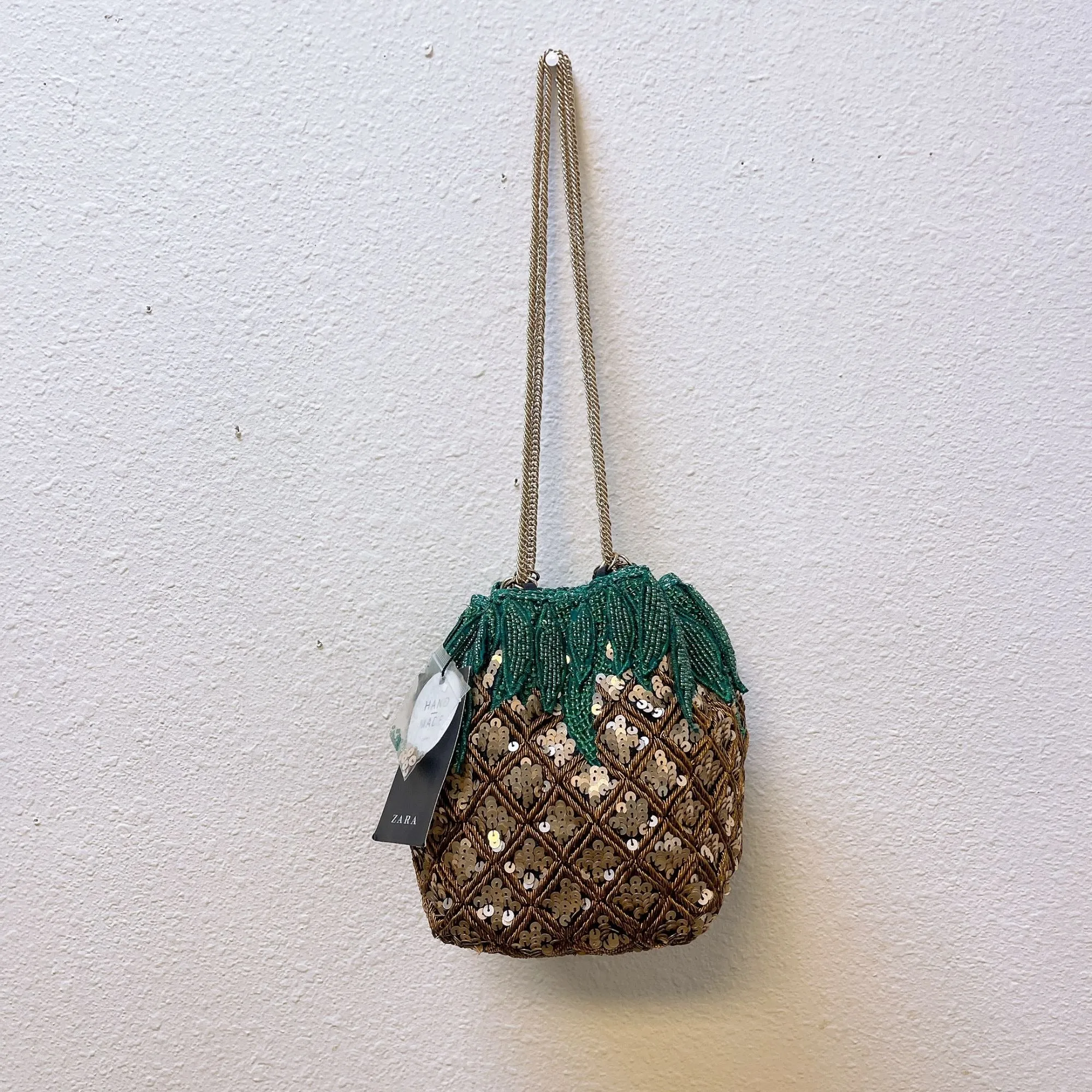 NWT Handmade Zara Pineapple-Themed Sequin Drawstring Shoulder Bag M
