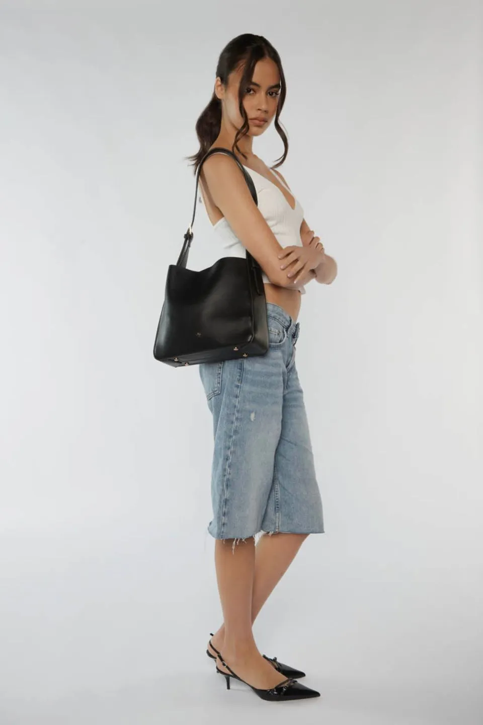 Otto Black Grain Vegan Leather Slouch Bucket Bag