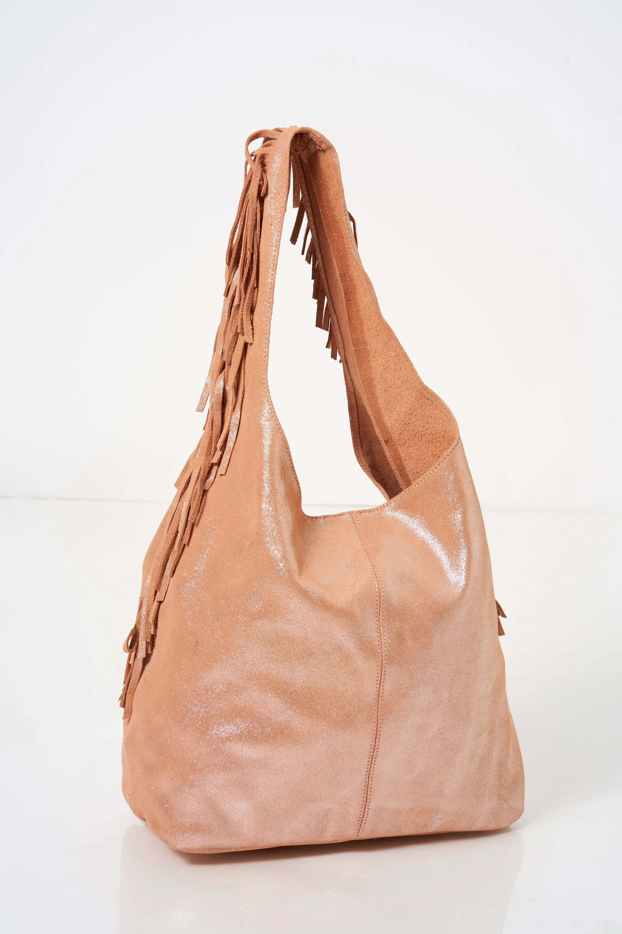 Pink Faux Suede Tassel Slouch Shoulder Bag