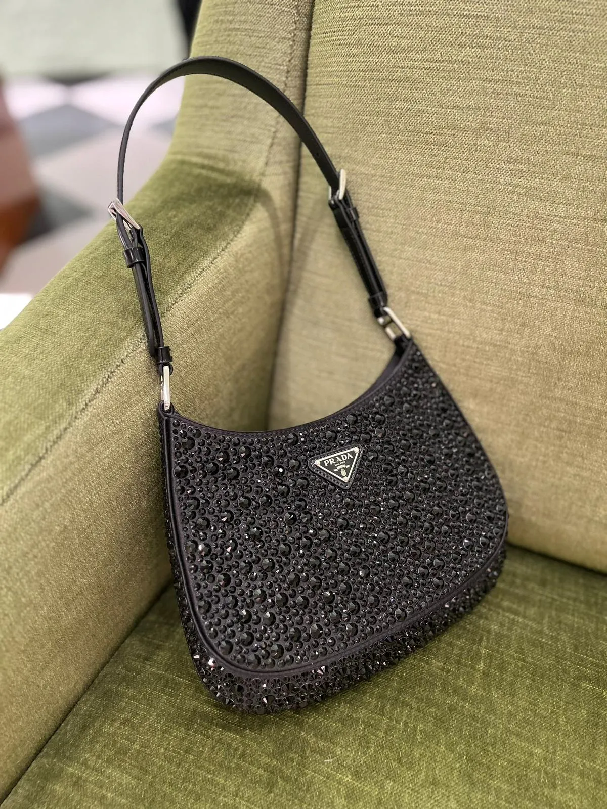 Prada Cleo Satin Bag With Appliqués Crystals (Black)