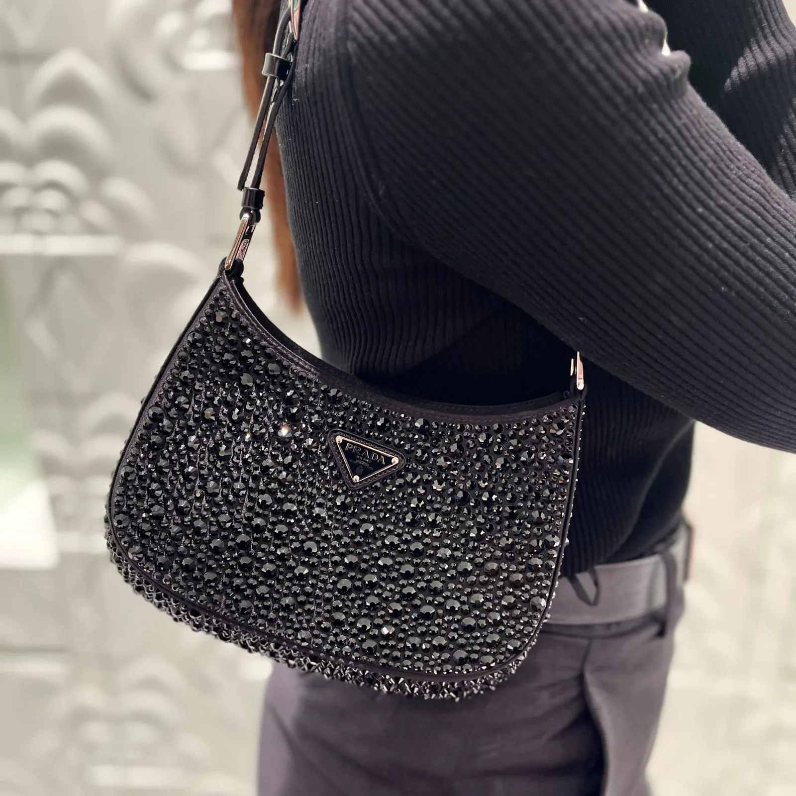 Prada Cleo Satin Bag With Appliqués Crystals (Black)