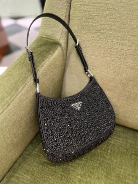 Prada Cleo Satin Bag With Appliqués Crystals (Black)
