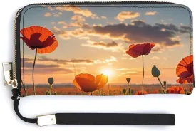 Red Poppy Flower Field in Sunset Wallet Leather Zipper Around Clutch Wallet Large Capacity Purse with Wristlet Strap