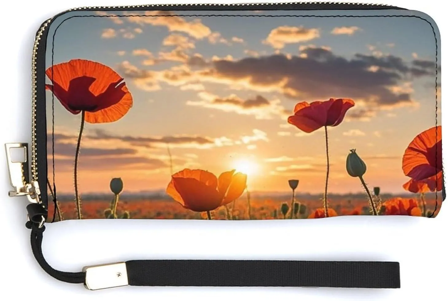 Red Poppy Flower Field in Sunset Wallet Leather Zipper Around Clutch Wallet Large Capacity Purse with Wristlet Strap