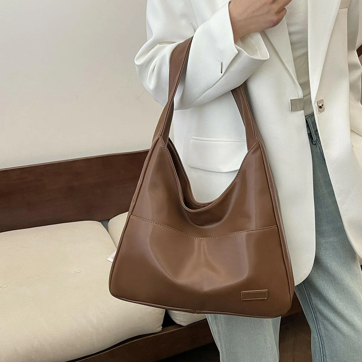 Retro Simple Bucket Bag soft PU leather tote bag large capacity fashion casual tote bags for women