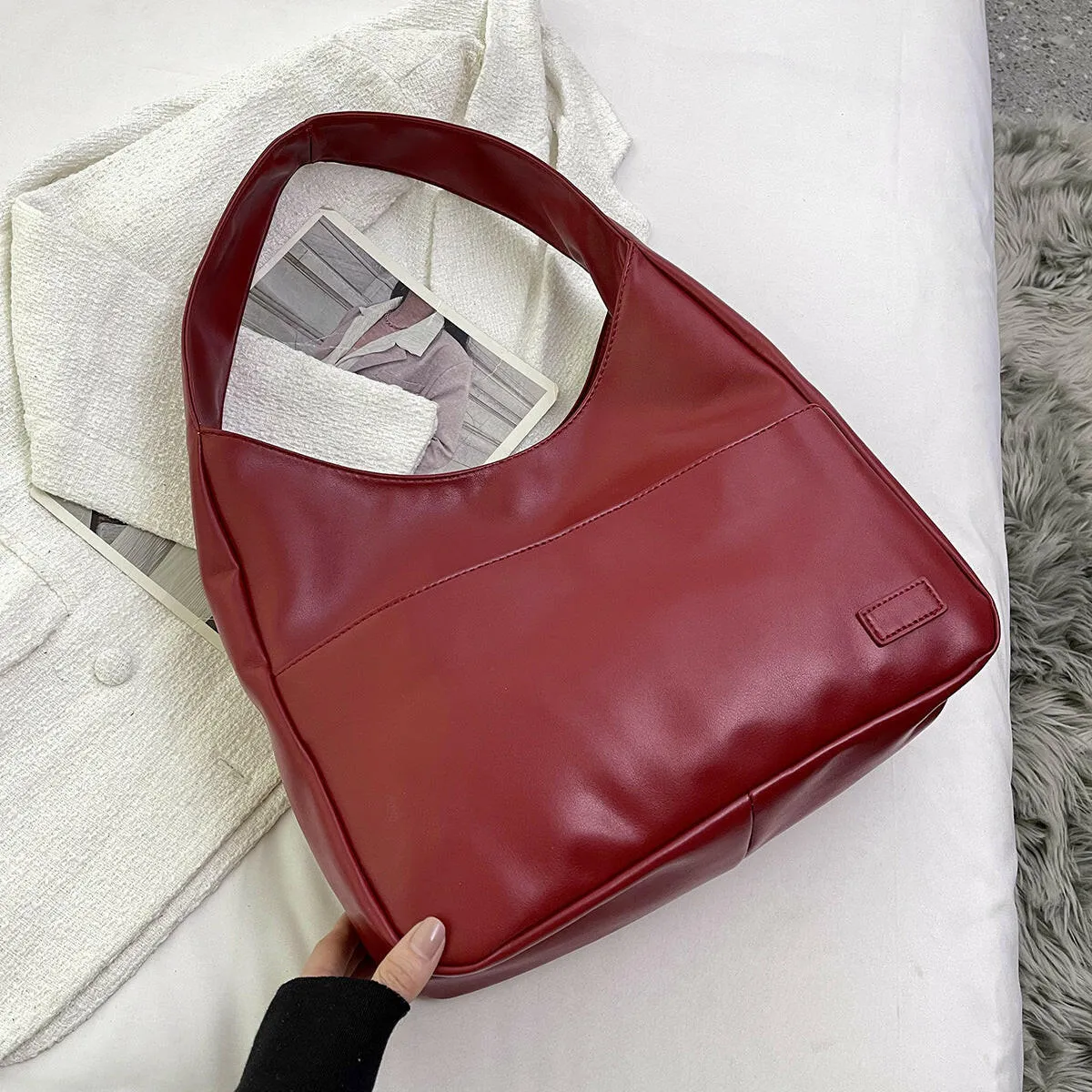 Retro Simple Bucket Bag soft PU leather tote bag large capacity fashion casual tote bags for women