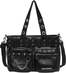 Rivet Crossbody Tote Bags for Women Black Punk Faux Leather Hobo Rivet Bag
