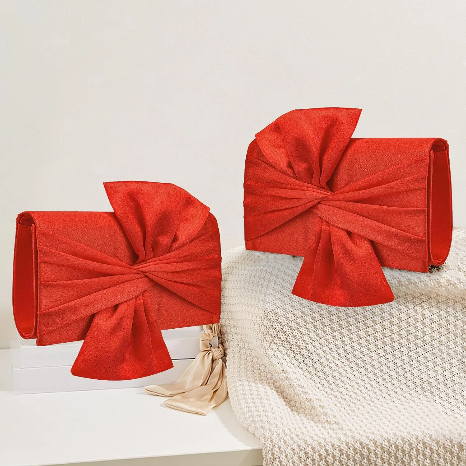 Simcat Womens Clutch Bag,Pleated Satin Handbag Lady Pleated Bow Purse Evening Bag with Chain for Wedding Prom Formal Party