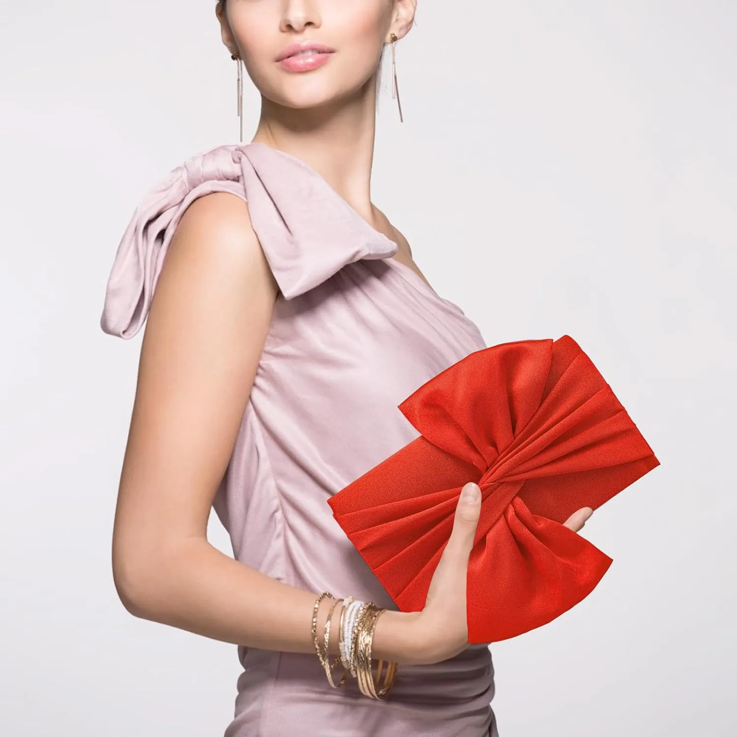 Simcat Womens Clutch Bag,Pleated Satin Handbag Lady Pleated Bow Purse Evening Bag with Chain for Wedding Prom Formal Party