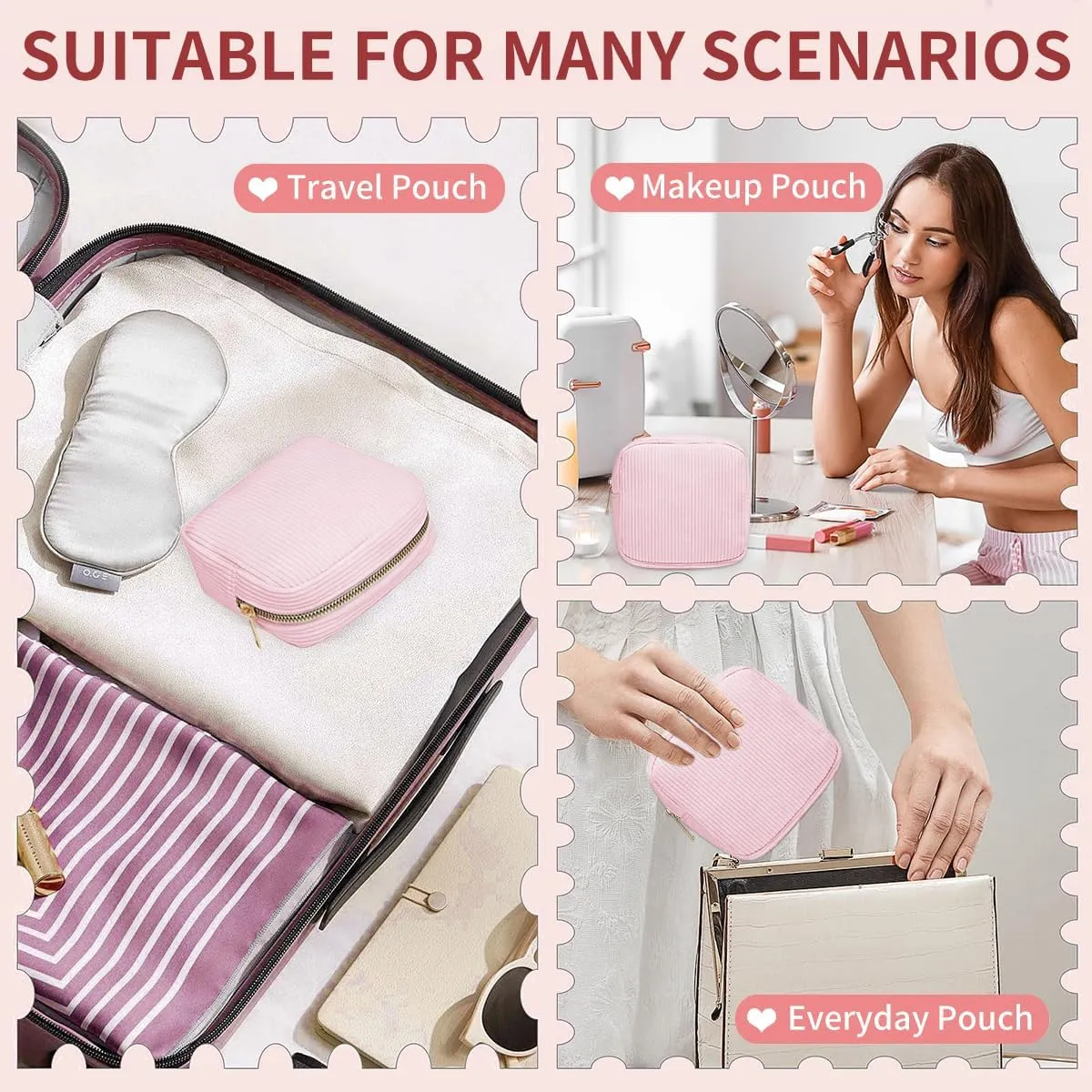 Small Makeup Bag for Purse Corduroy Mini Cosmetics Bag Cute Cosmetic Pouch for Women,Pink
