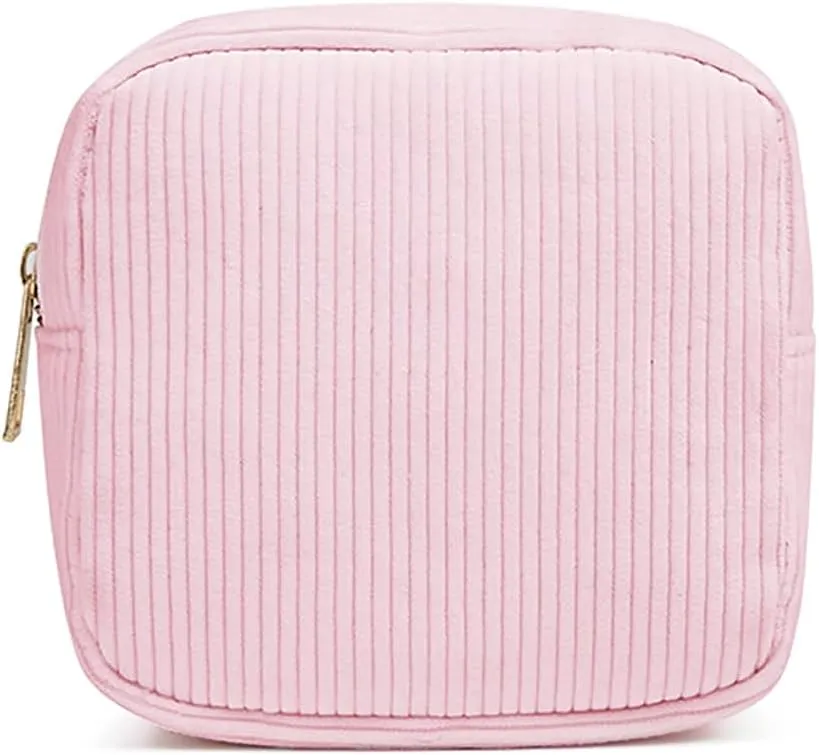 Small Makeup Bag for Purse Corduroy Mini Cosmetics Bag Cute Cosmetic Pouch for Women,Pink