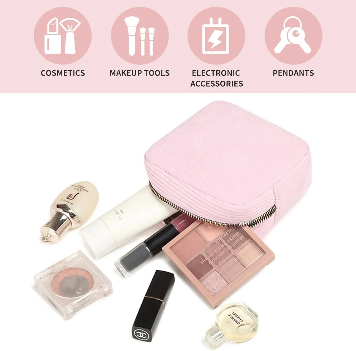 Small Makeup Bag for Purse Corduroy Mini Cosmetics Bag Cute Cosmetic Pouch for Women,Pink